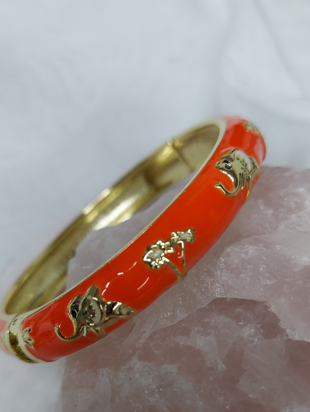 Gold-Tone Orange Enamel Floral Bangle Bracelet